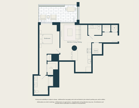 Floor plan for 1 bed, 1.5 baths, 906 sqft